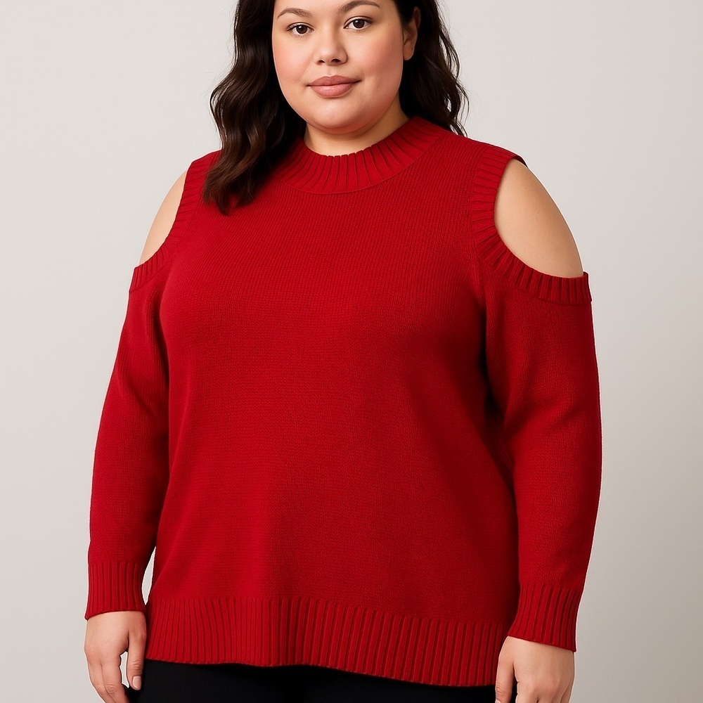 Susan Graver Red Cold Shoulder Knit Sweater Women’s 3X Cotton Blend Pullover